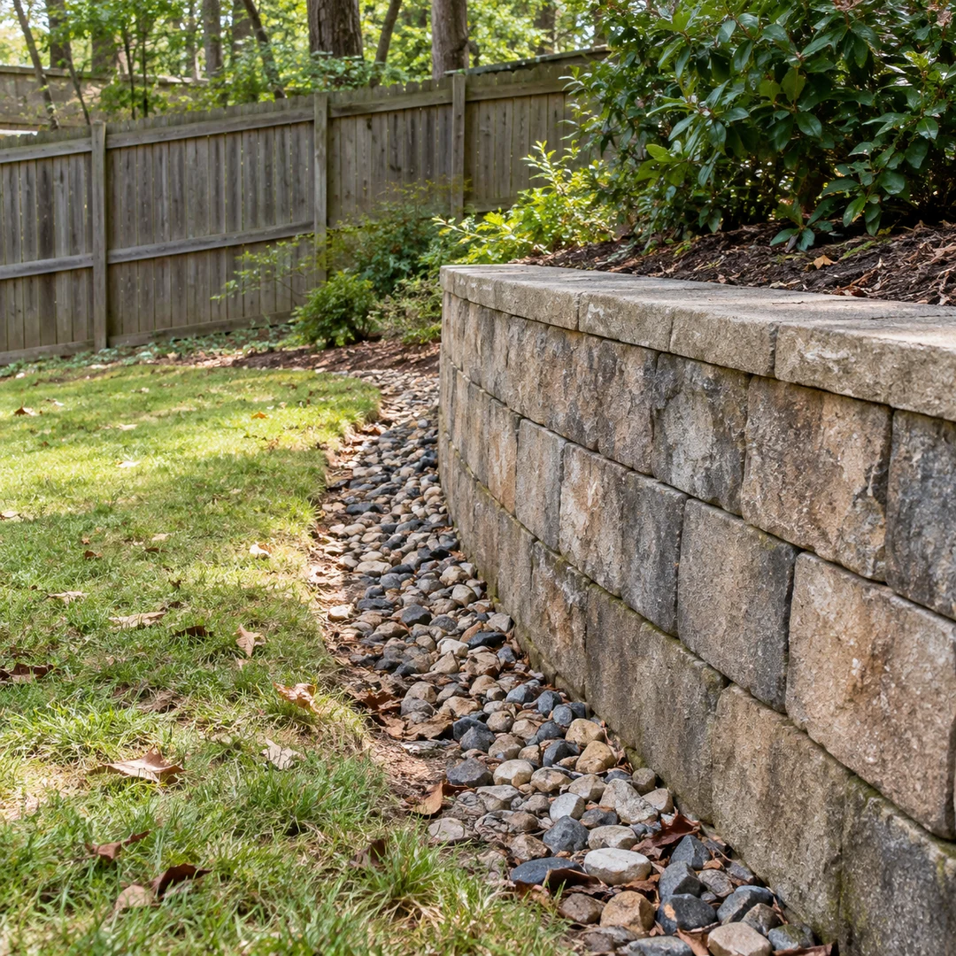 Gravel drainage edge following a residential retaining wall