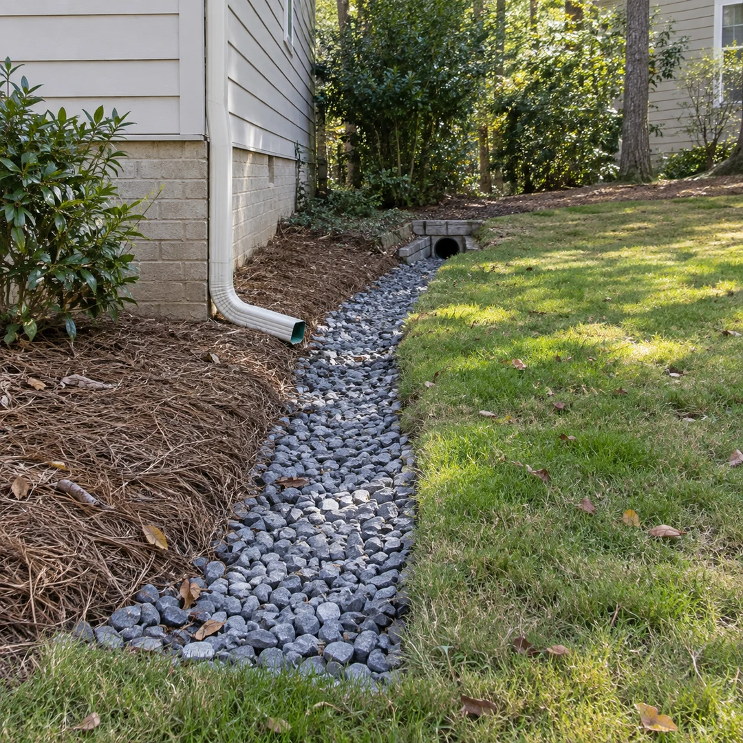 Downspout and gravel swale connected to a yard outlet