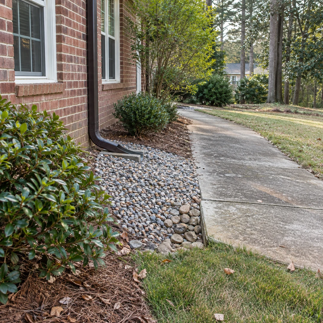 Downspout and gravel beside a home walkway