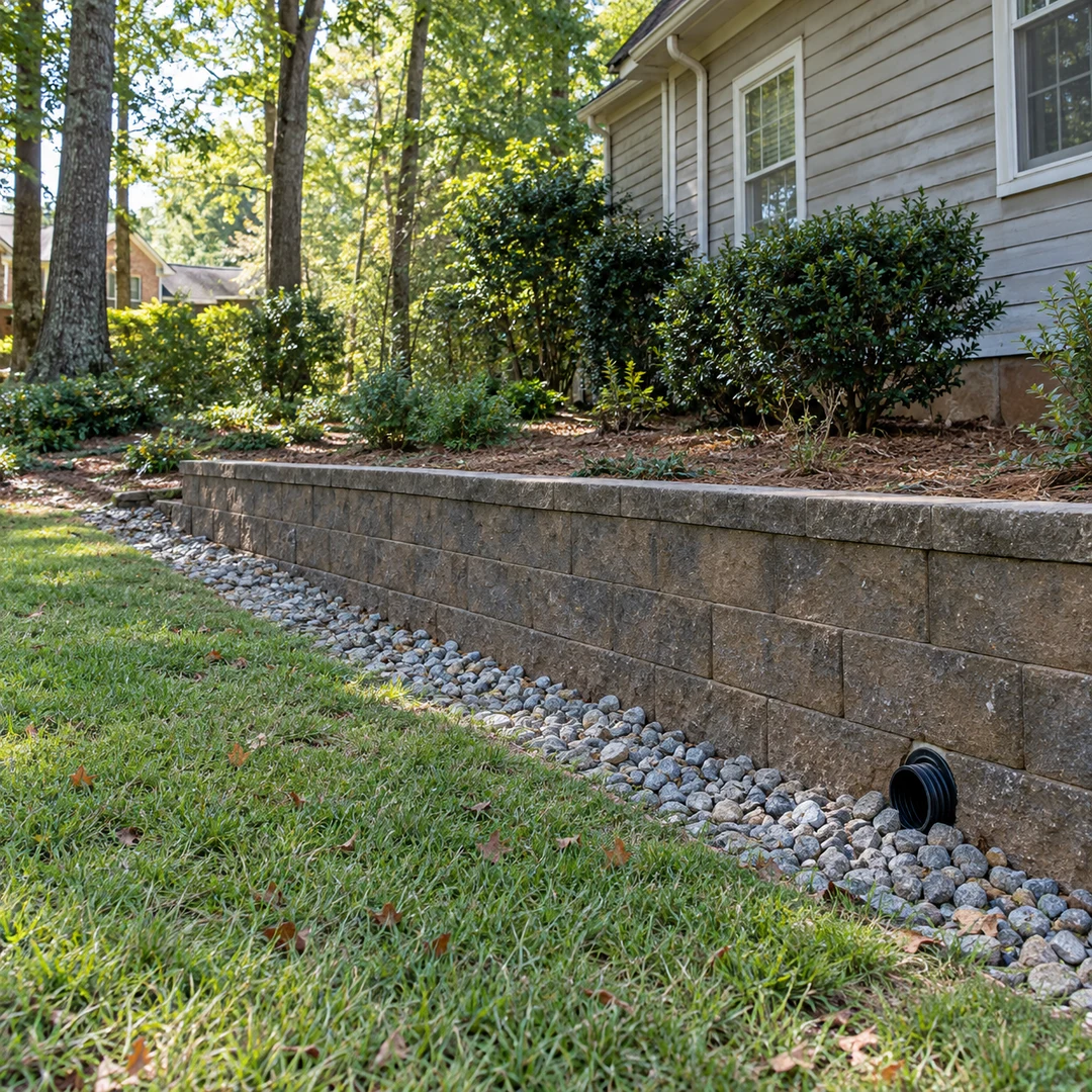 Gravel drainage strip and outlet beside a stone retaining wall