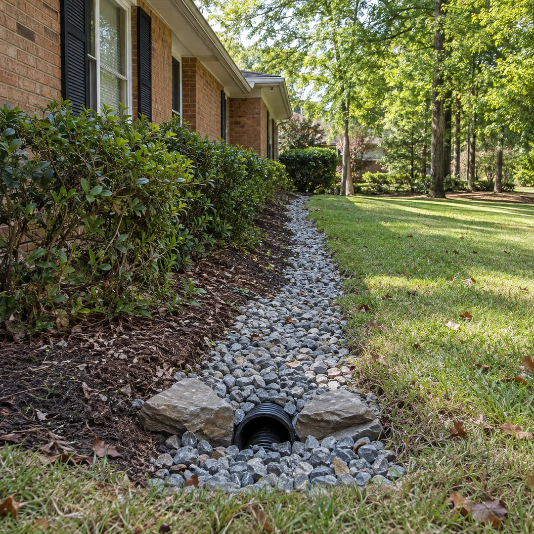 Drain outlet at the end of a gravel channel beside a home