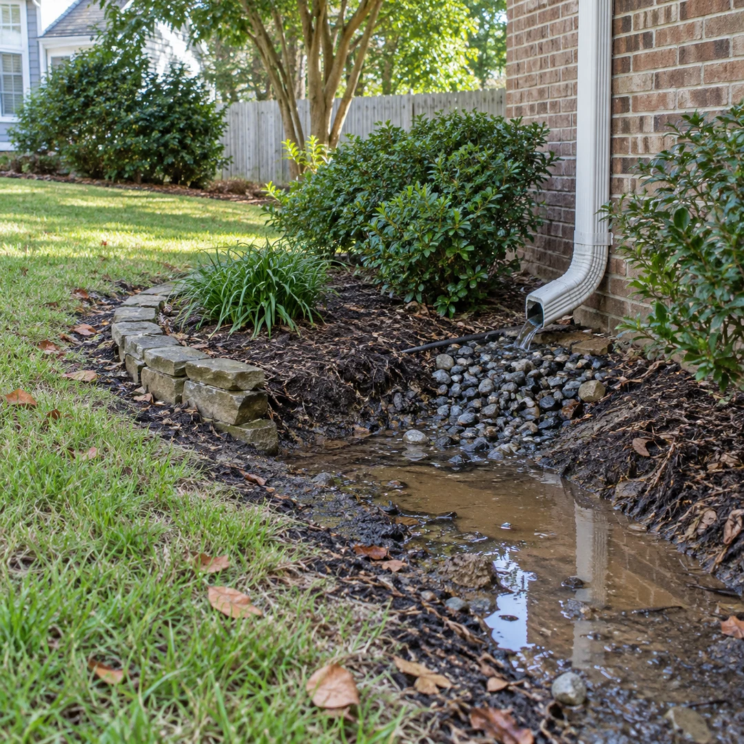 Standing water beside a downspout reveals a yard drainage problem