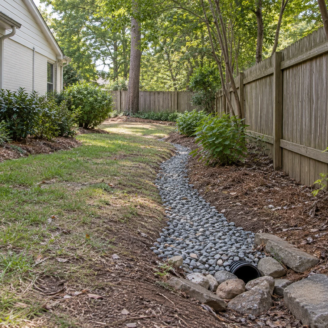 Gravel channel carrying water through a fenced side yard