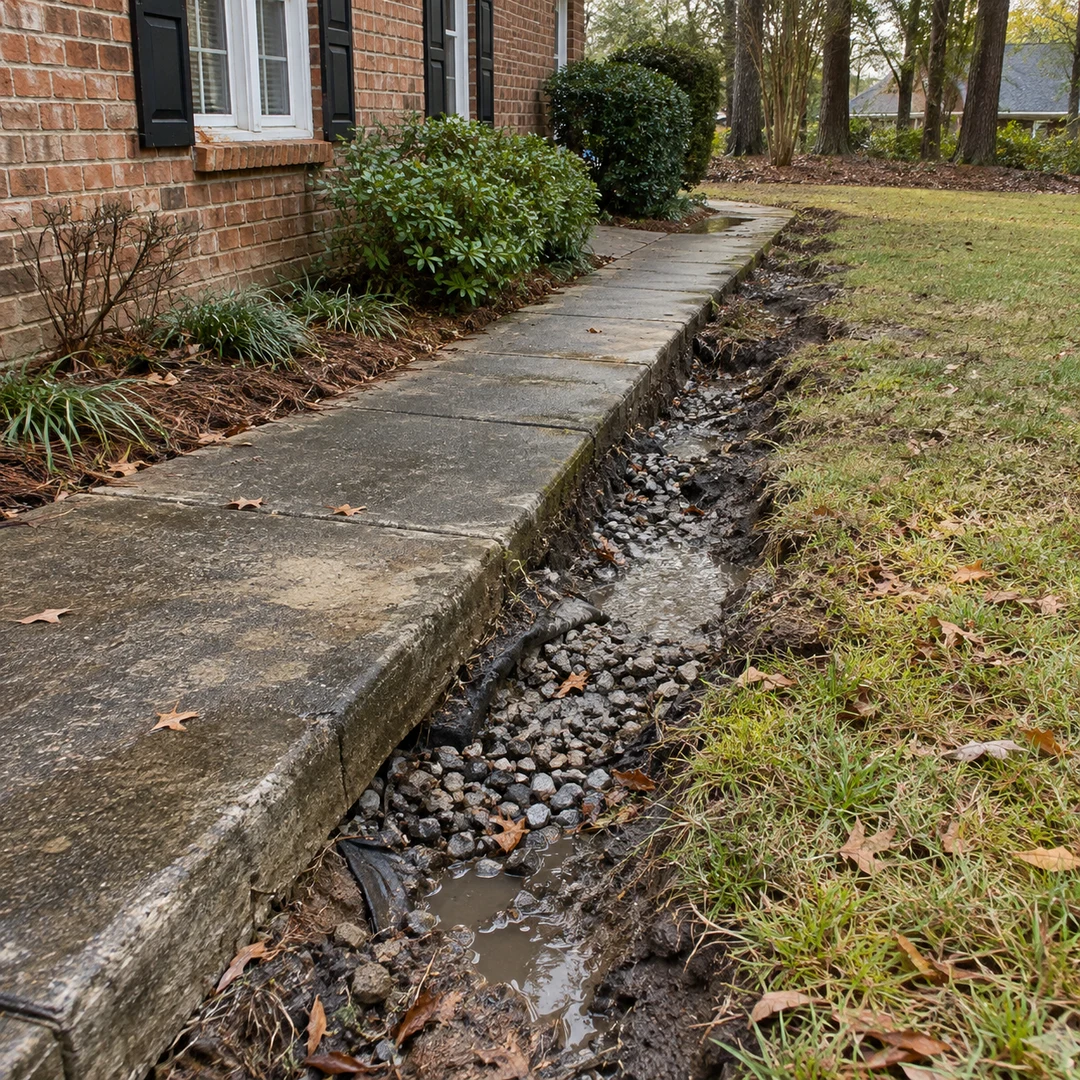 Exposed drainage channel beside a concrete walkway