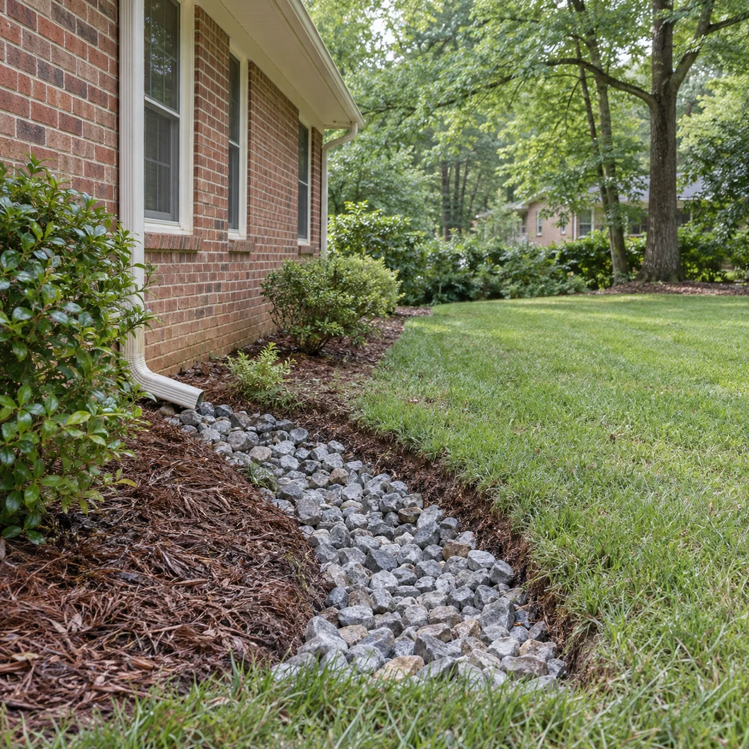 Finished gravel drainage swale beside a brick home