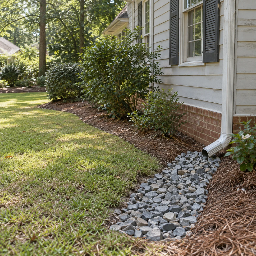 Gravel swale along a house foundation and lawn edge
