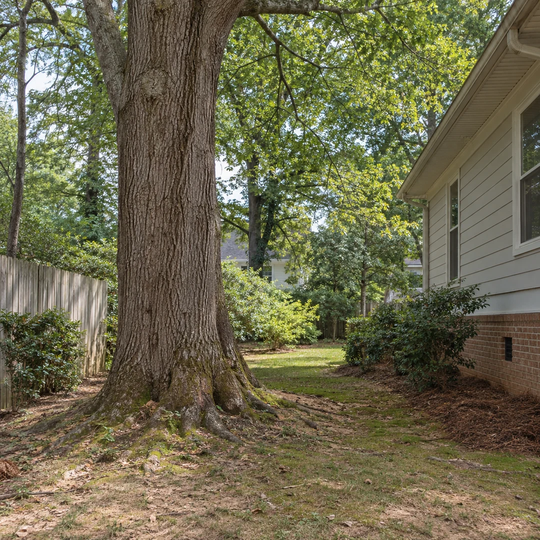 Mature tree beside an ordinary Decatur home