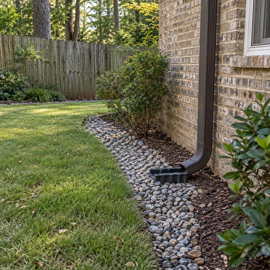 Downspout discharging toward gravel at a residential foundation