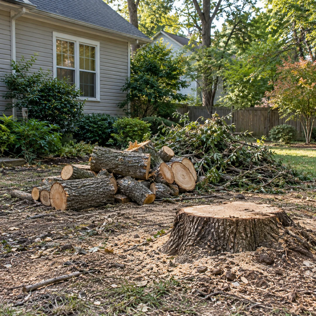 Cut tree rounds and limbs grouped behind a residential stump