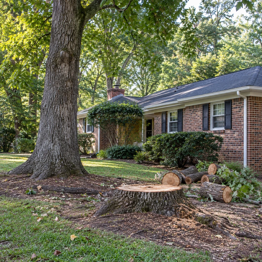 Cut stump and wood rounds beside a mature tree and brick home