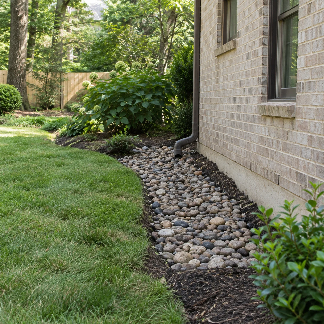 Stone drainage strip beside a brick home foundation