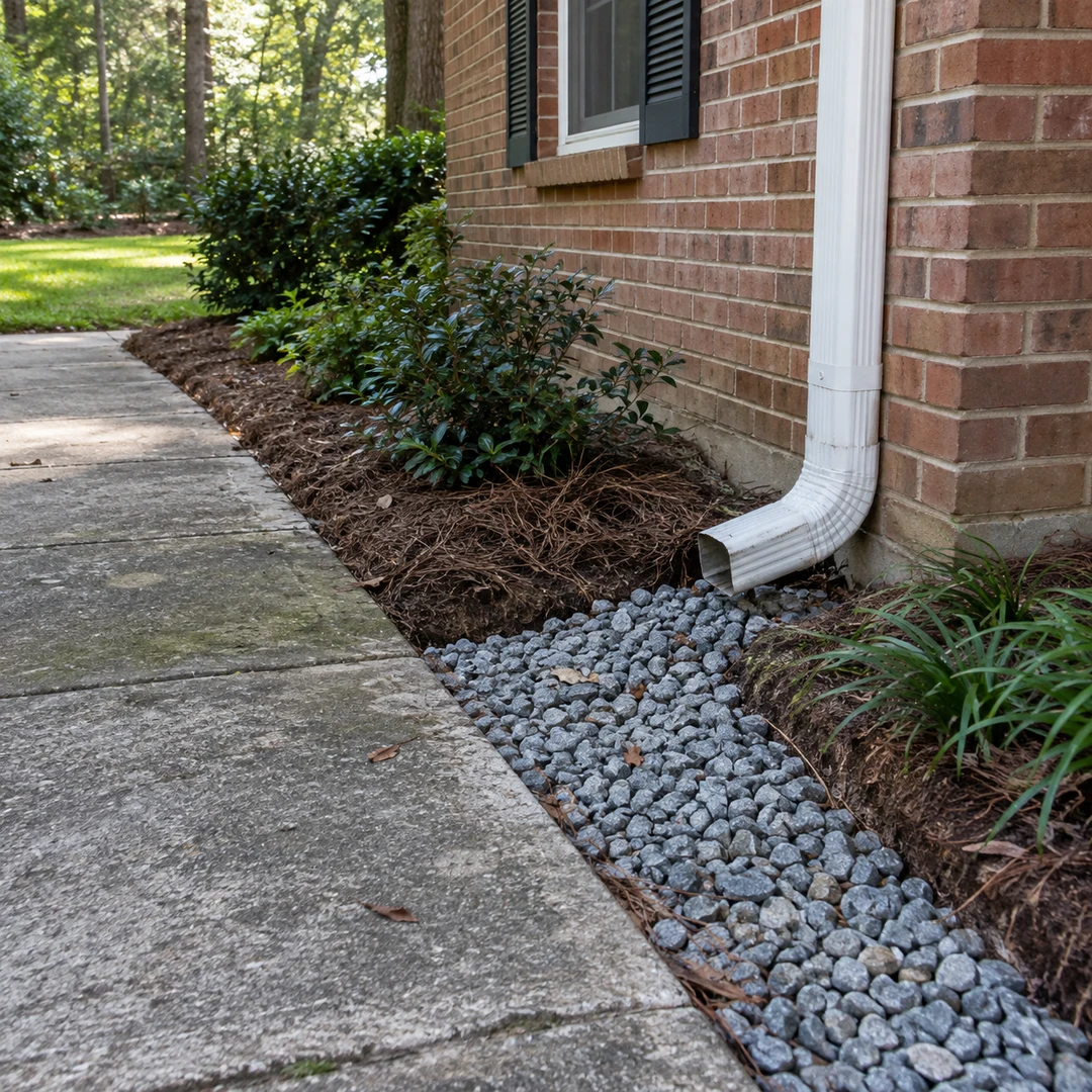 Gravel drainage edge along a concrete sidewalk and home