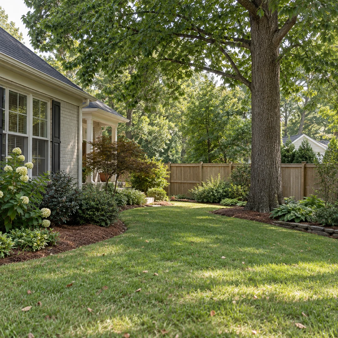 Healthy mature tree near a house and yard fence