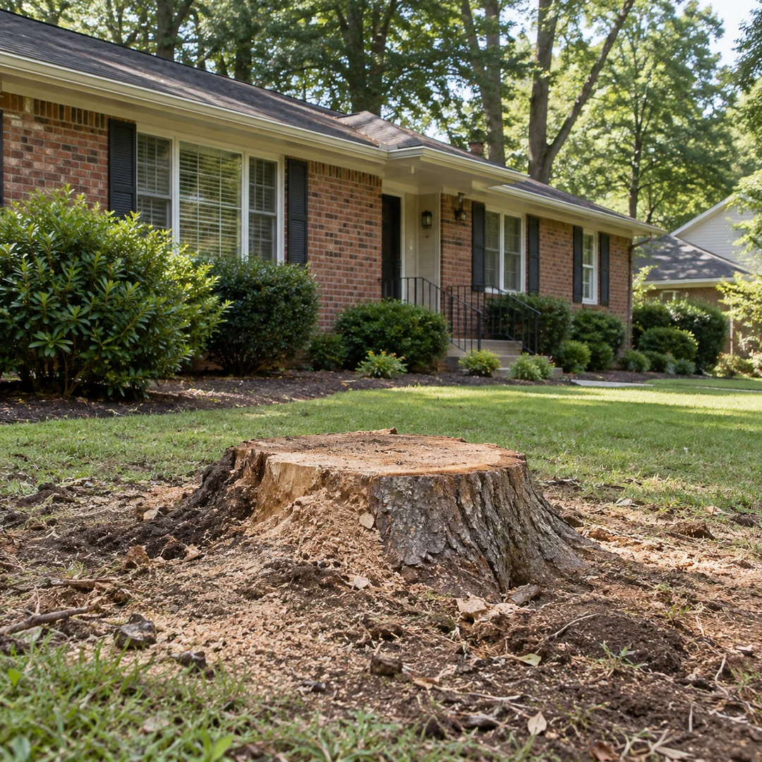 Weathered stump with visible roots in a front yard