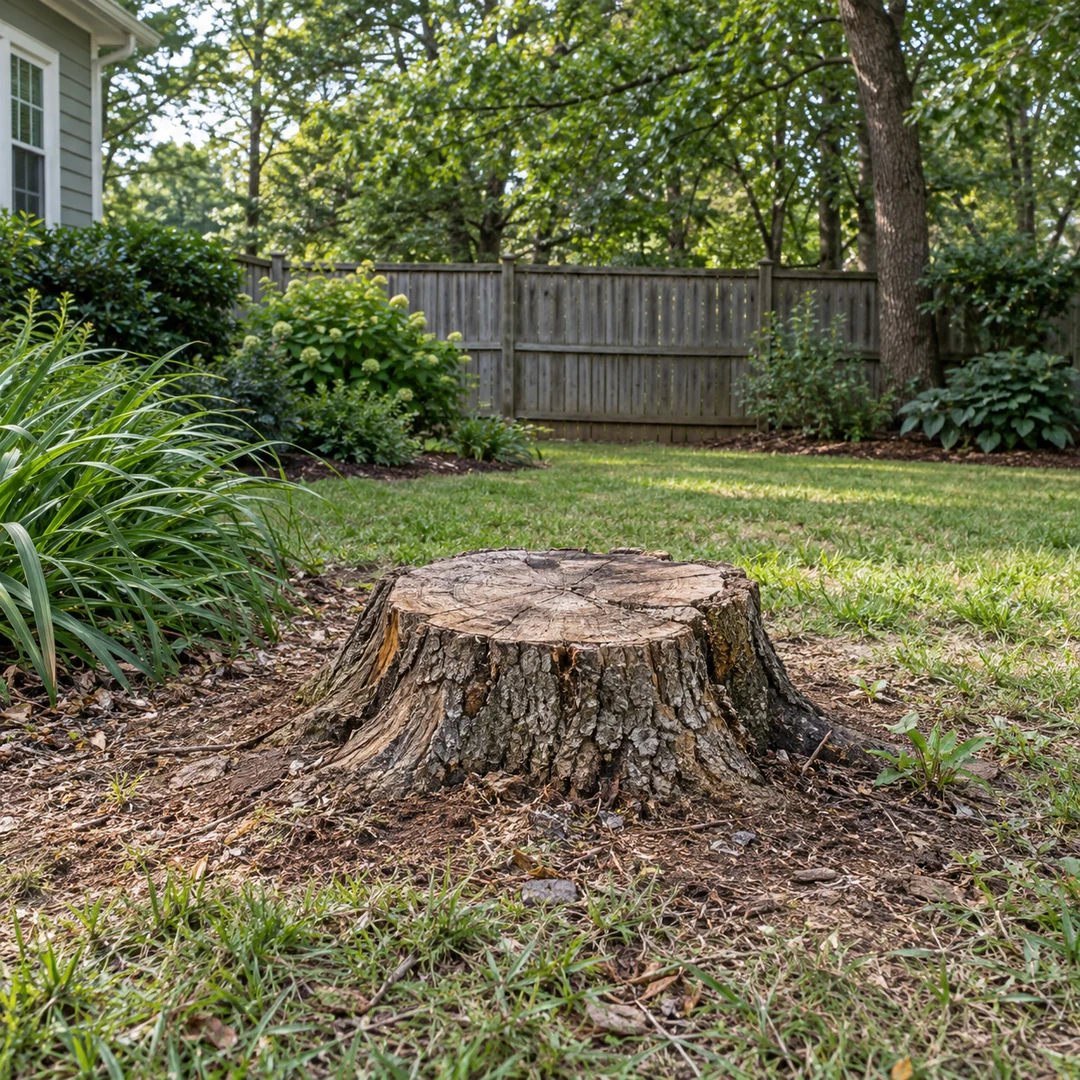 Low stump in a grassy residential yard