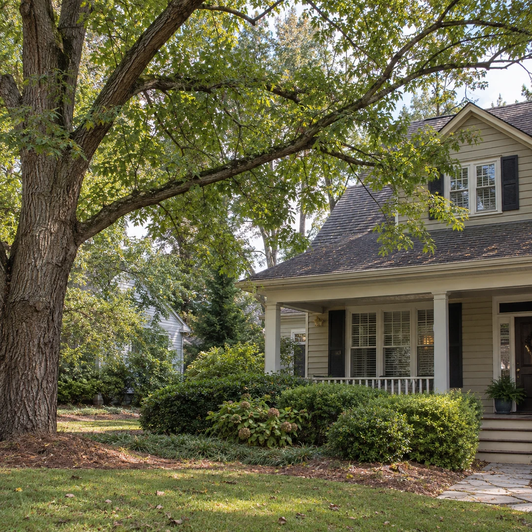 Mature tree branches near the roof of a residential home