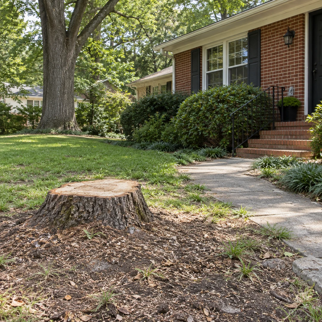 Cut stump beside a brick home and walking path