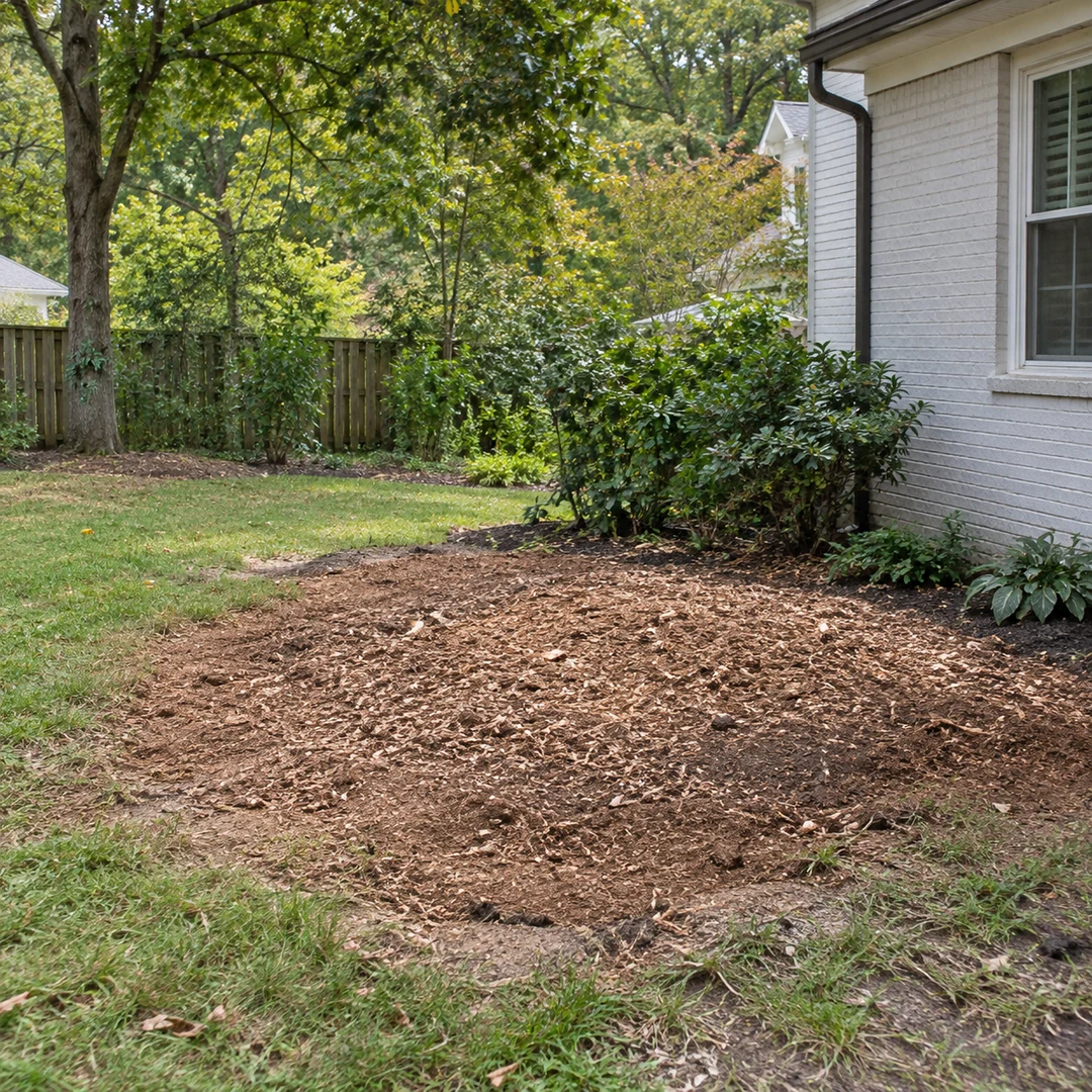 Cleared soil patch after stump removal in a fenced yard