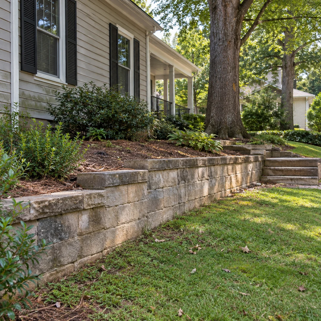 Residential stone retaining wall beside steps