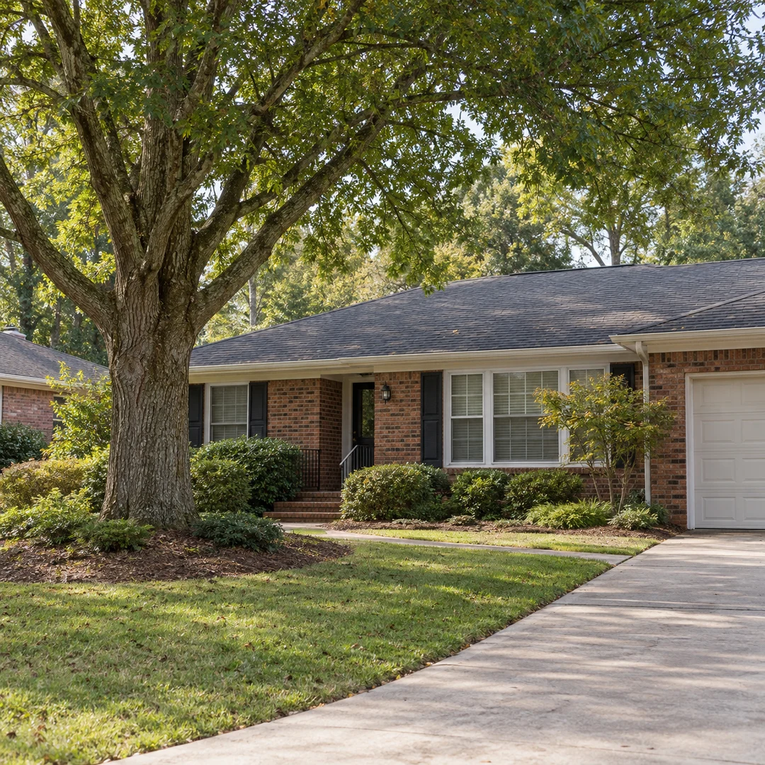 Established shade tree in front of a brick ranch house