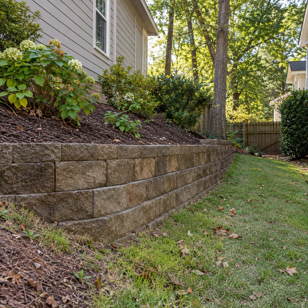 Low retaining wall supporting a planted side yard