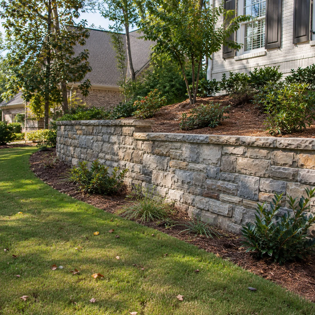 Stone wall supporting a modest sloped lawn