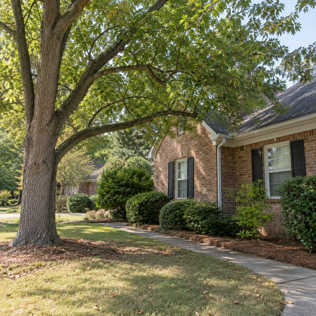 Large residential tree with full canopy near brick home