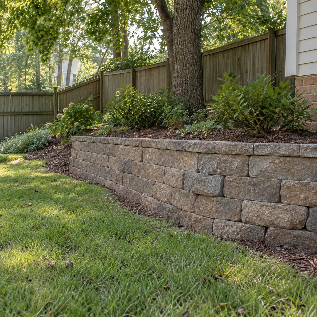 Curved low wall defining a garden bed and tree