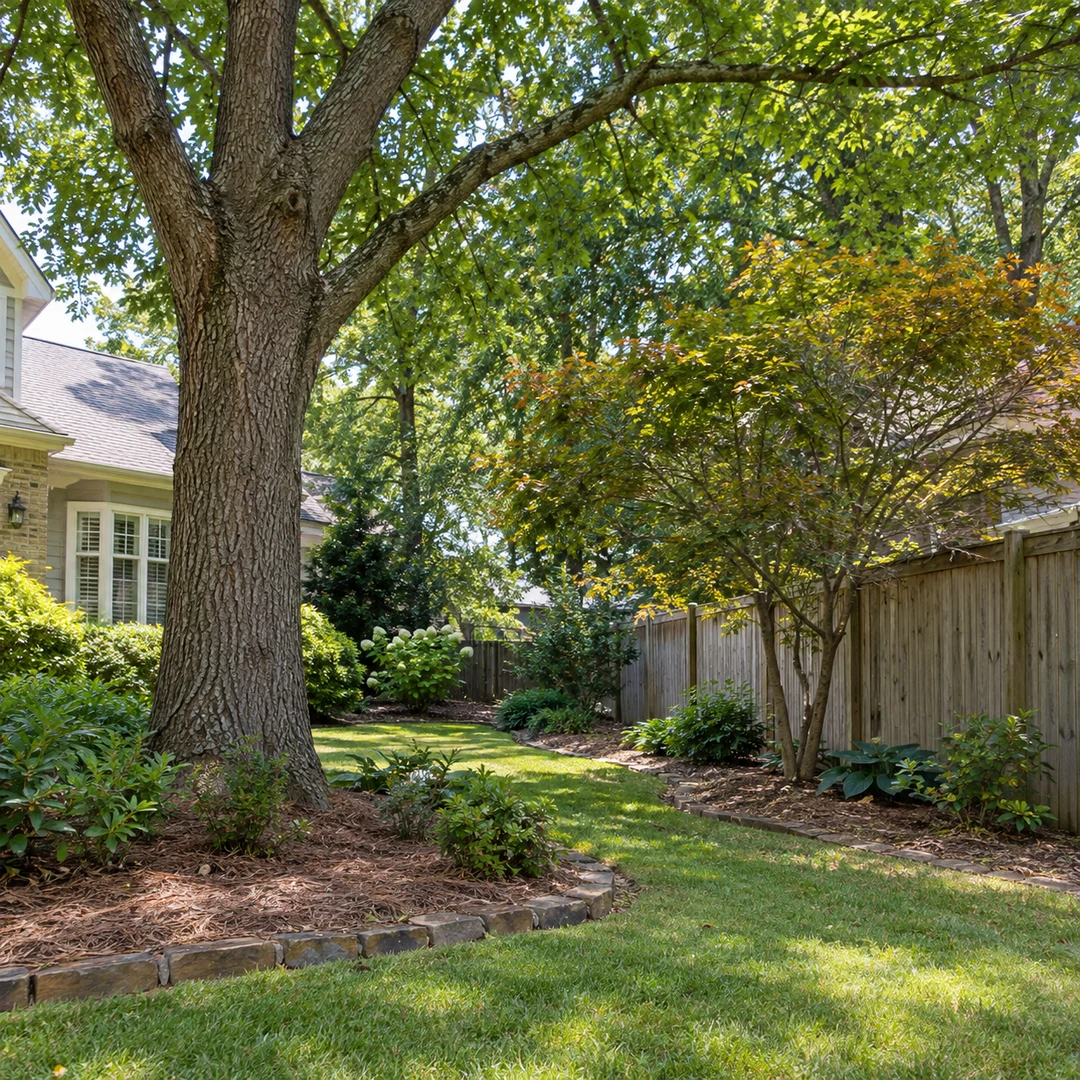 Mature tree in a fenced side yard near a home