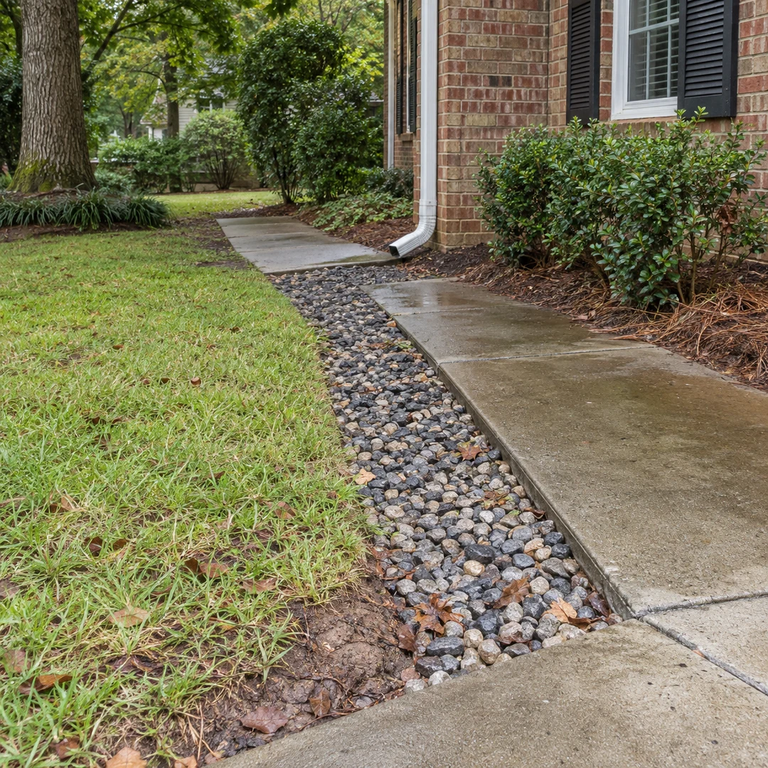 Gravel drainage strip beside a wet walkway and downspout
