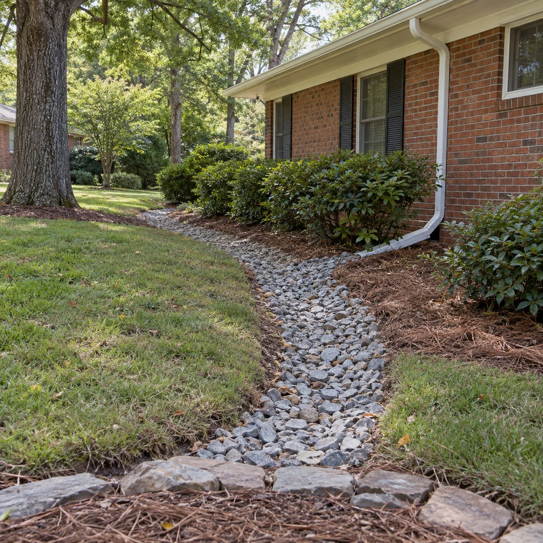 Stone swale carrying water away from a brick home