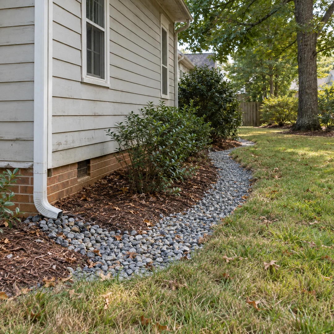 Downspout and gravel drainage edge beside a residential home