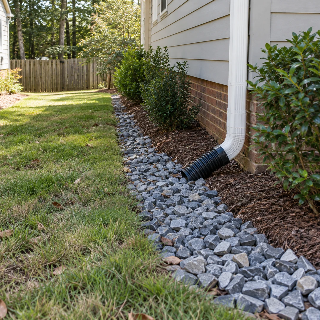 Downspout extension feeding gravel at a home foundation