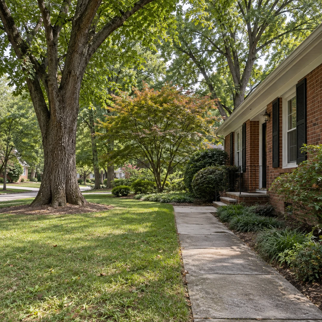 Mature shade tree beside a modest brick home