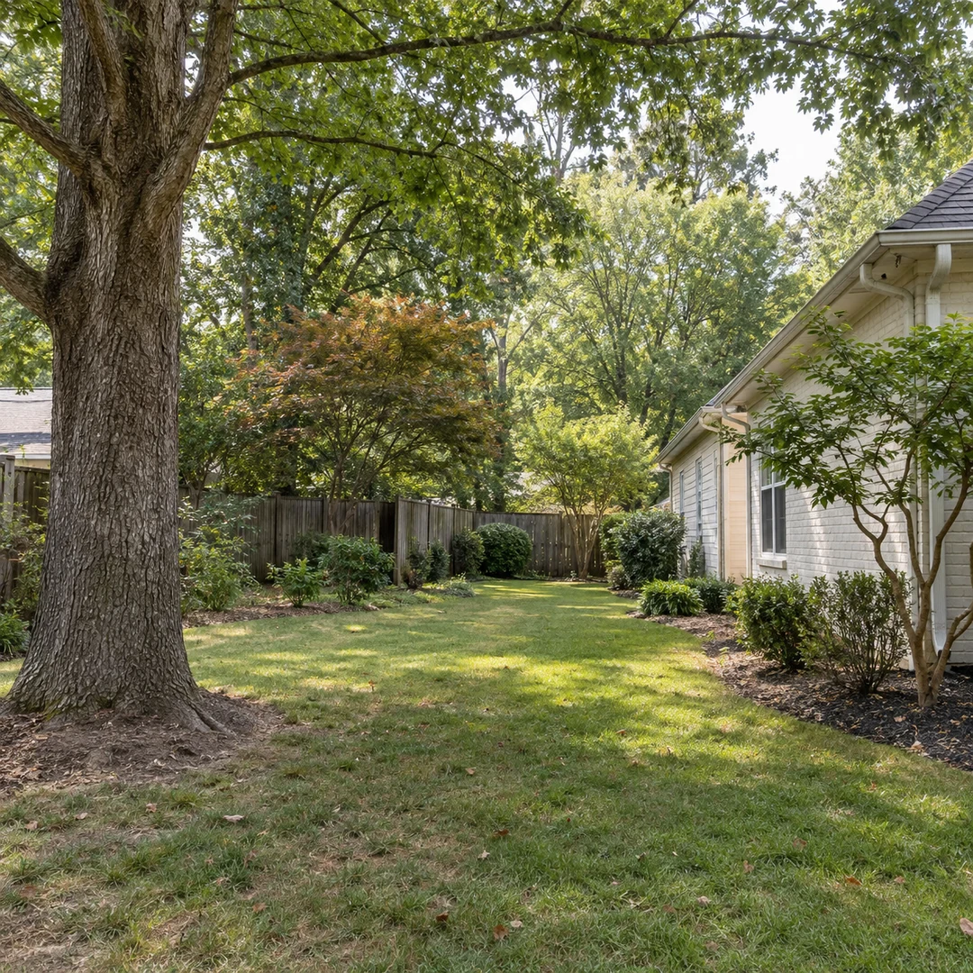Mature tree and open lawn beside a one story home