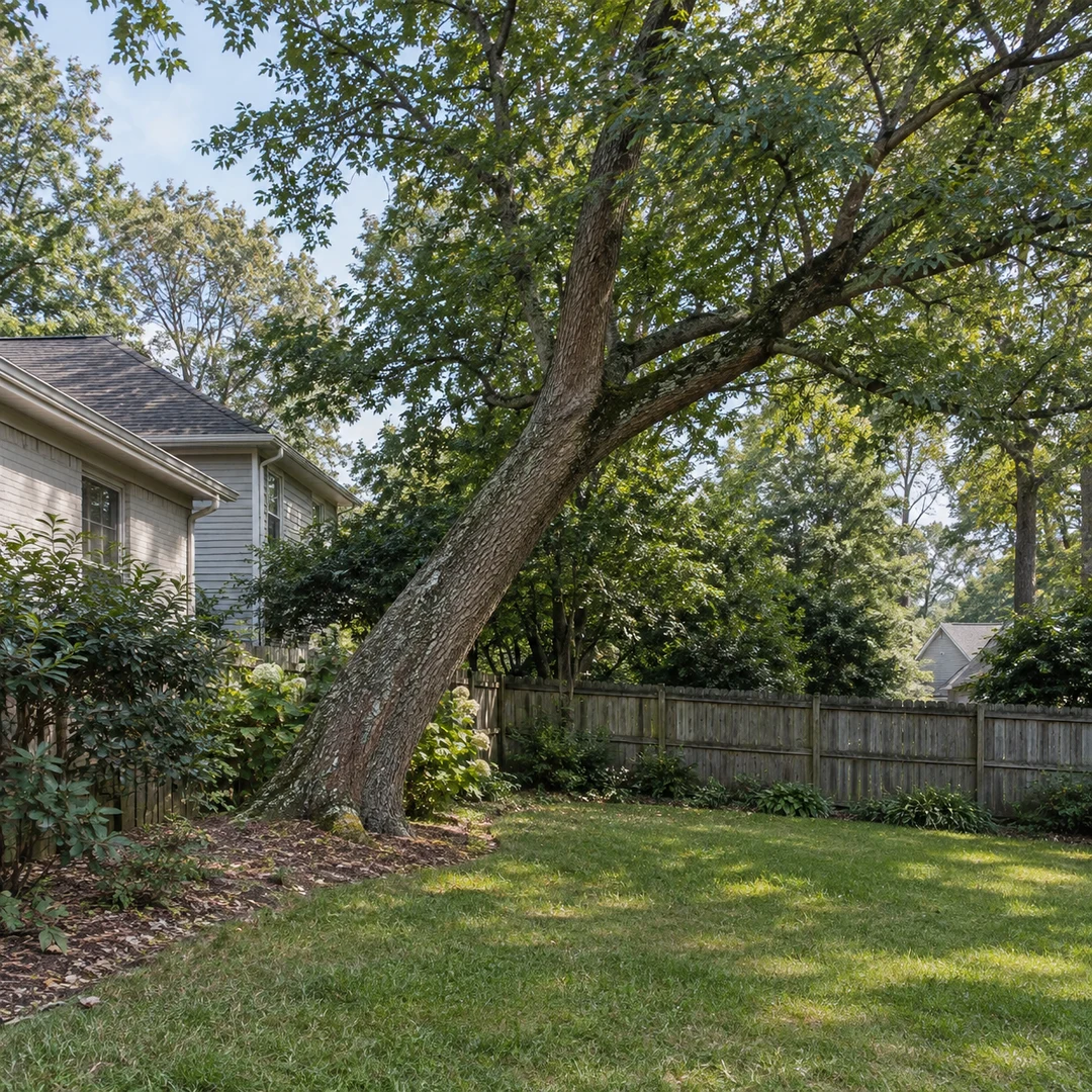 Leaning tree beside fenced residential side yard