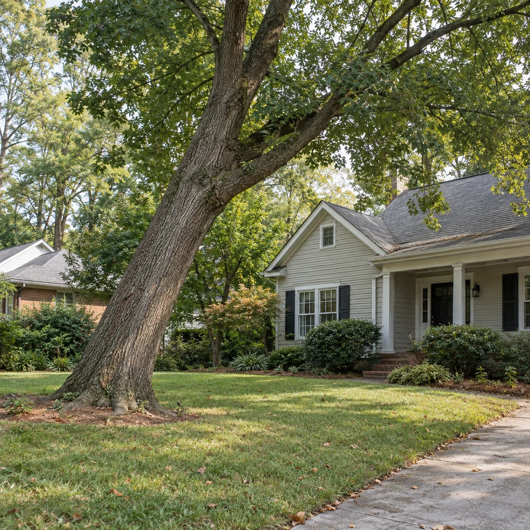 Leaning shade tree beside a residential walking path
