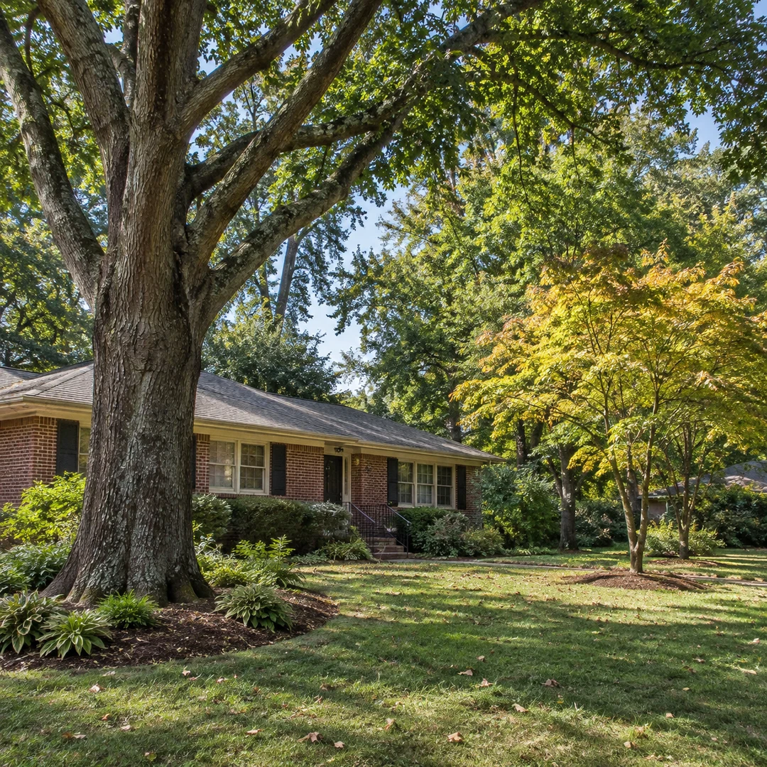 Large tree with smaller ornamental tree in a residential yard