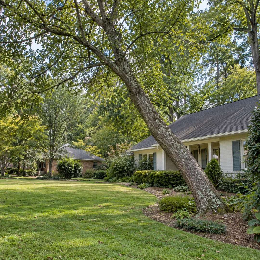 Large tree leaning near an ordinary home
