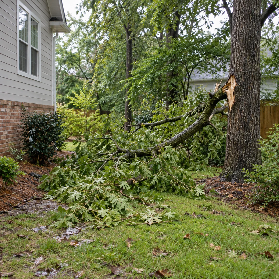 Fallen leafy branch near a house after storm damage