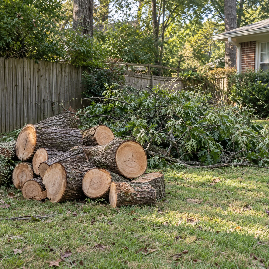 Cut logs and branches grouped for removal near a home