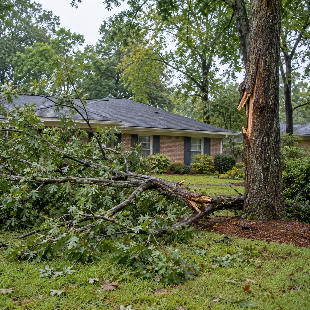 Storm broken tree limb on a lawn beside brick home