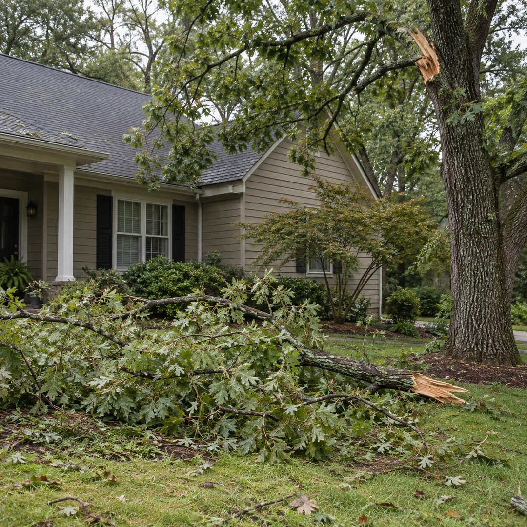Broken branch near a roof and residential yard