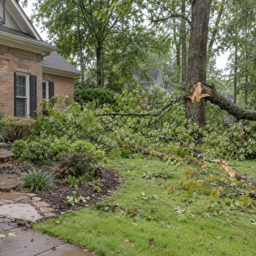 Storm fallen tree limb and debris in a residential lawn