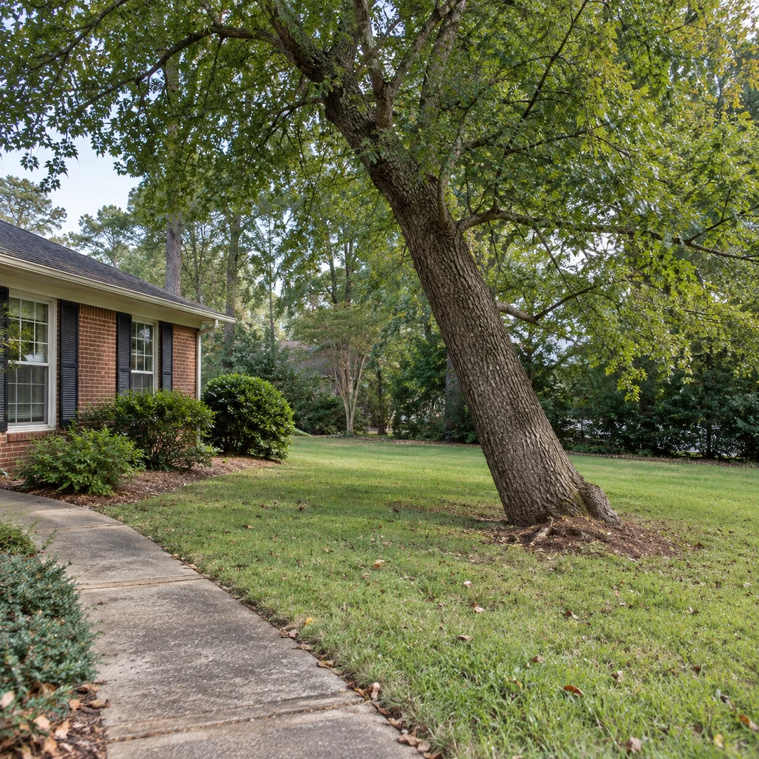 Mature tree leaning across open lawn near a home