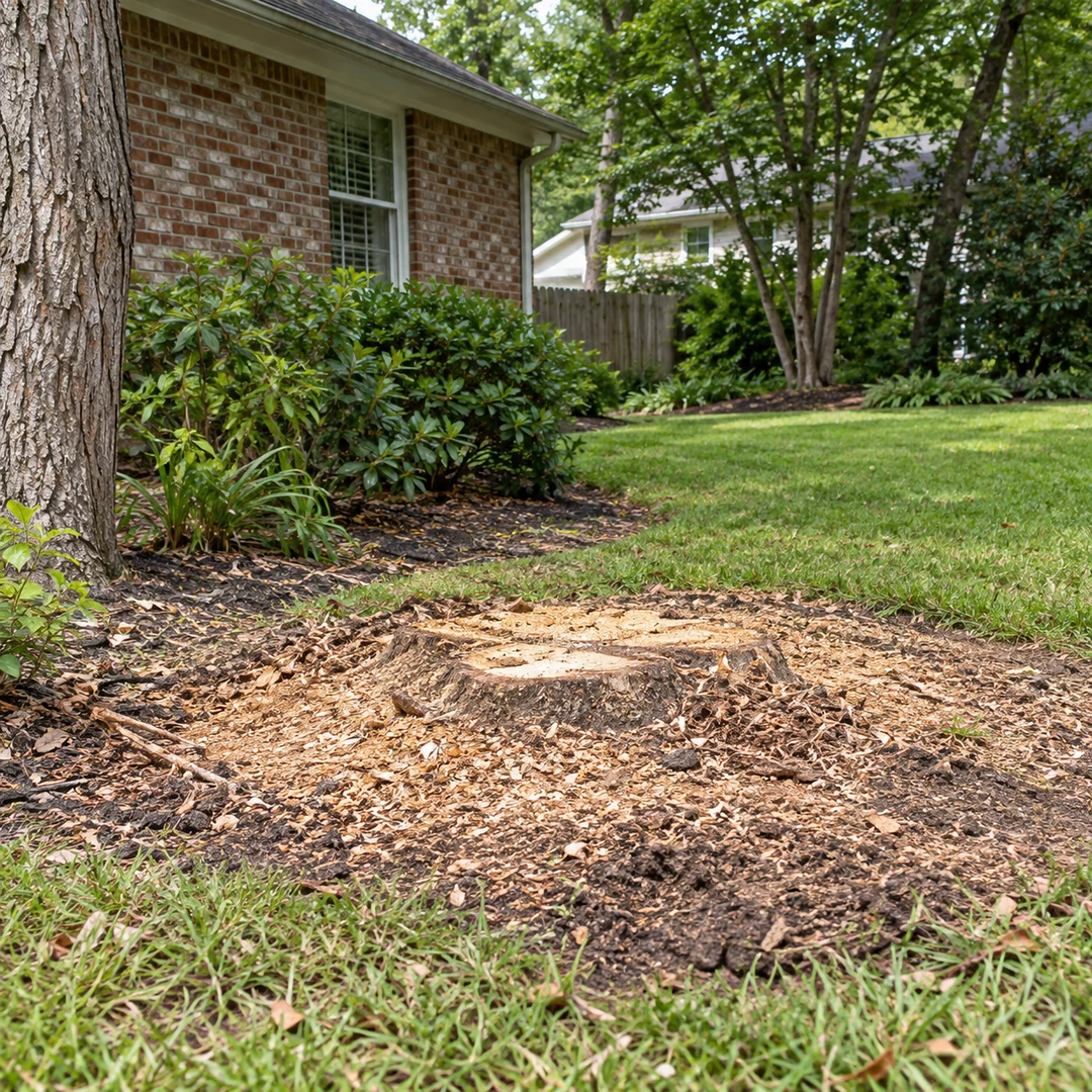 Partly ground stump and wood chips on a residential lawn
