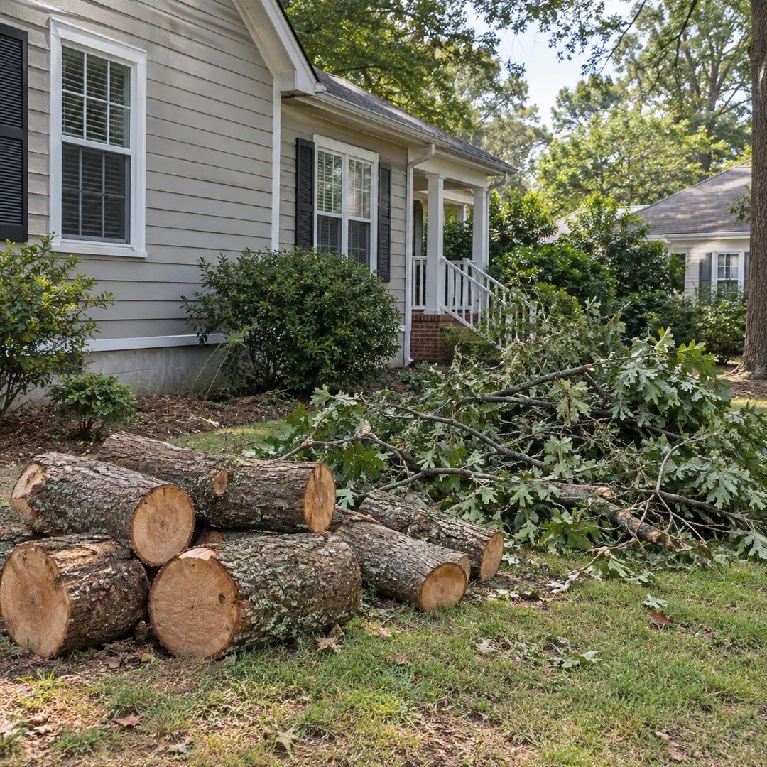 Removed tree sections and branches beside a home