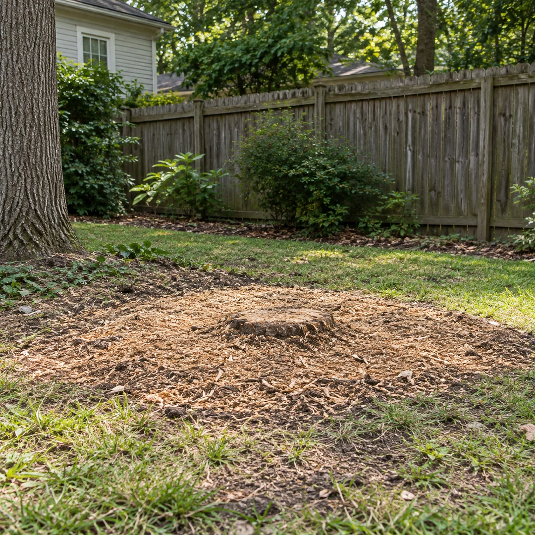 Low ground stump with chips beside a fenced yard