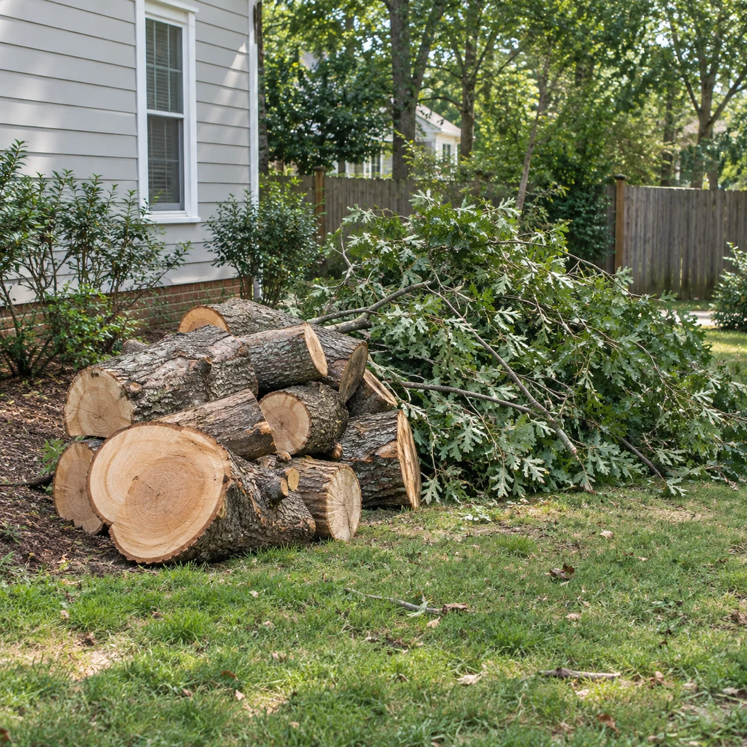 Cut logs and branches ready for haul away in a residential yard