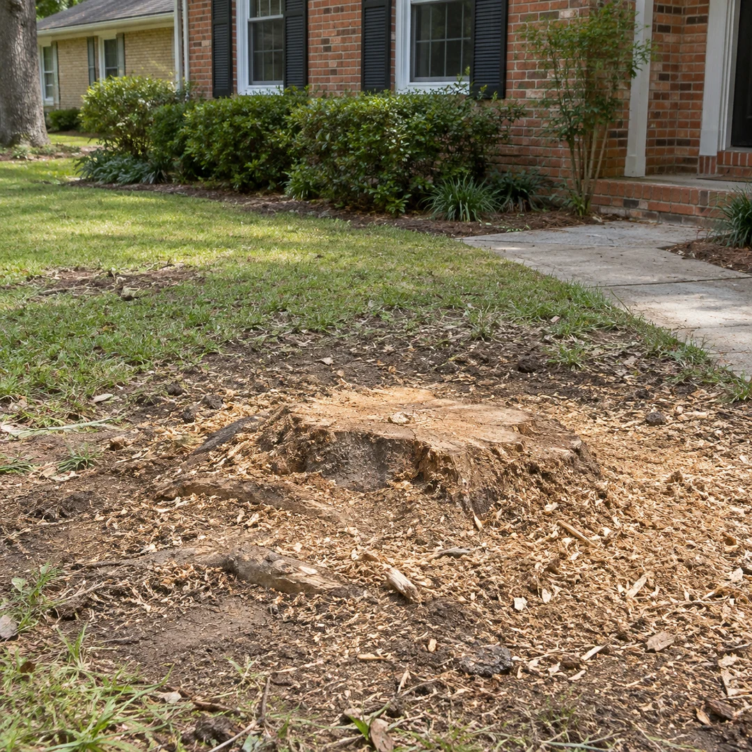 Ground stump and chipped wood in front of a brick home